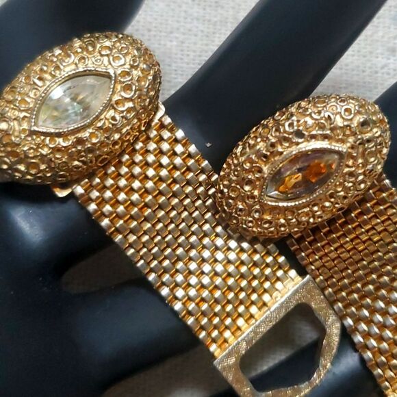 Vintage Mesh Gold Plated Crystal Cufflinks - Picture 5 of 6